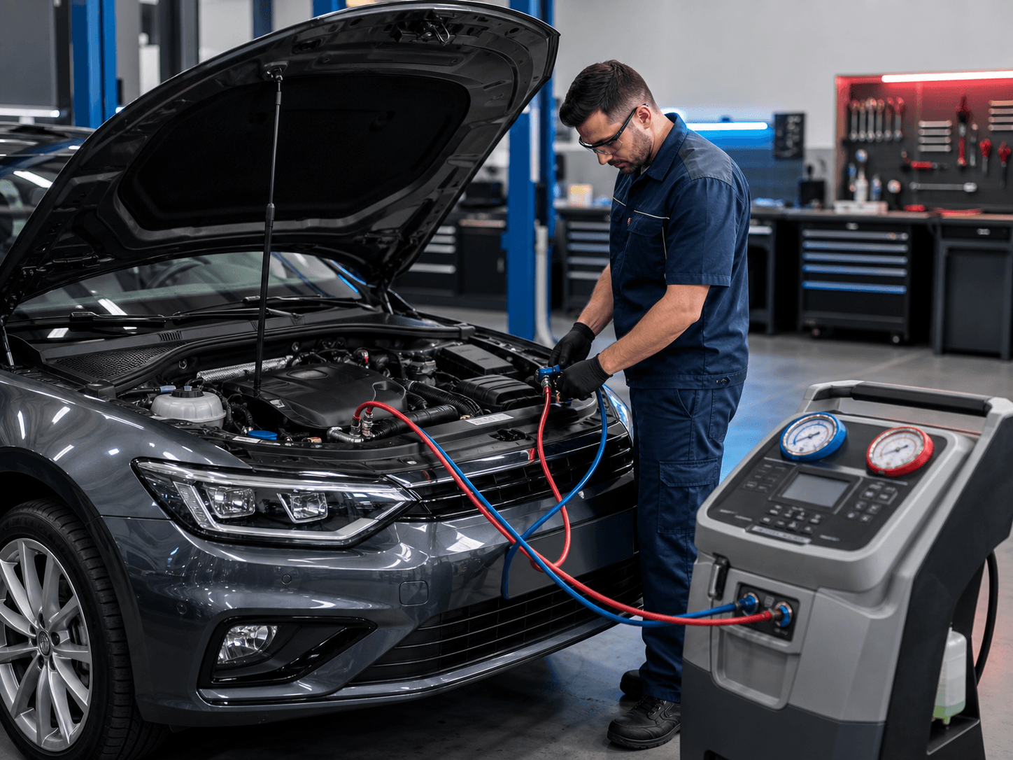 Manutenção profissional do ar-condicionado automotivo com equipamento especializado