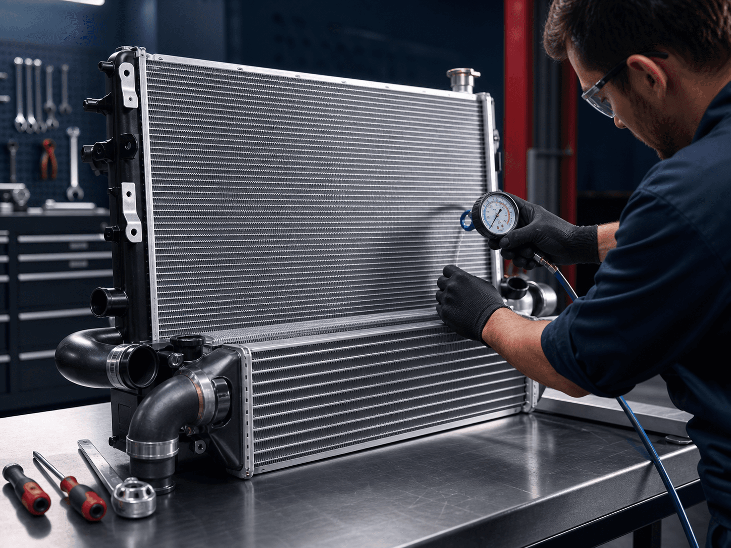 Técnico realizando inspeção de radiador e intercooler em bancada profissional