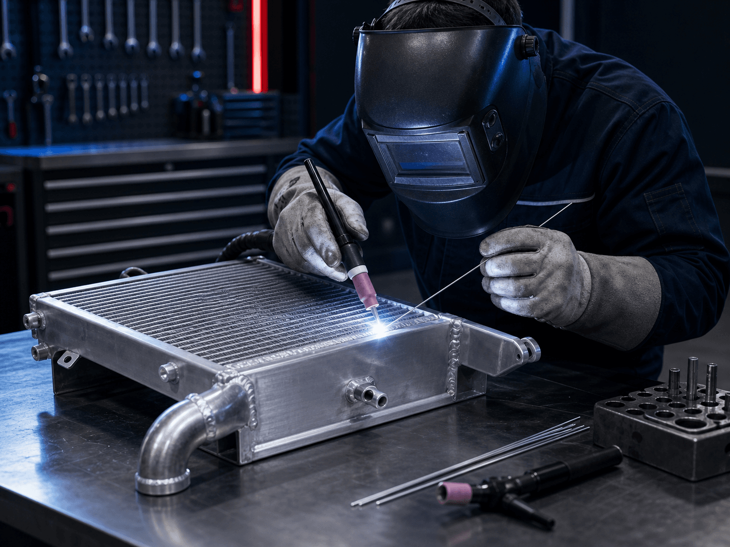 Técnico realizando solda TIG em componente de alumínio do sistema de arrefecimento